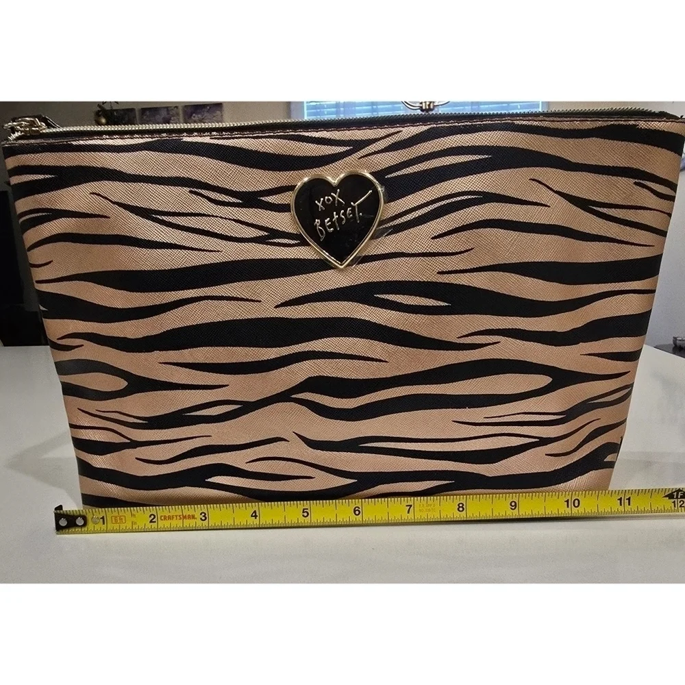 Betsey Johnson Gold & Black Zebra Print Cosmetic Makeup Bag